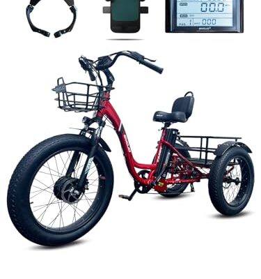EMOJO Caddy Pro Fat Tire Electric Tricycle Hydraulic Disk Brakes Ebike Trike 7 Speed Pedal Assist 3 Wheel Electric Bike 48V 15.6Ah Battery LCD Display Apple Red