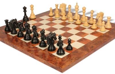 The Chess Store Bucephalus Staunton Chess Set Ebony & Boxwood with Elm Burl & Erable Board 4.5" King