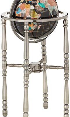 Unique Art Since 1996 Black Onyx Ocean Gemstone World Globe with Silver Stand