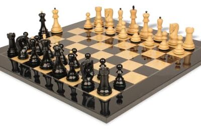 The Chess Store Zagreb Series Chess Set Ebonized & Boxwood with Black & Ash Burl Board - 3.25" King