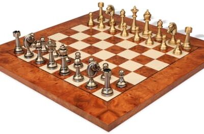 The Chess Store Classic Persian Staunton Solid Brass Chess Set with Elm Burl Board
