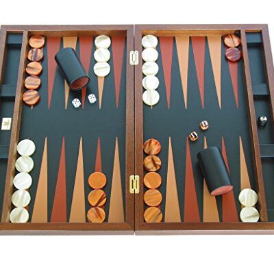 Zaza & Sacci Luxury Wood Backgammon Board Set Leather Mahogany Case Brown Black 20.5 Inch Large