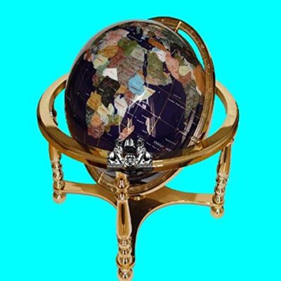 Unique Art Since 1996 Blue Lapis Ocean Table Top Gemstone World Globe with Gold 4-Leg Stand