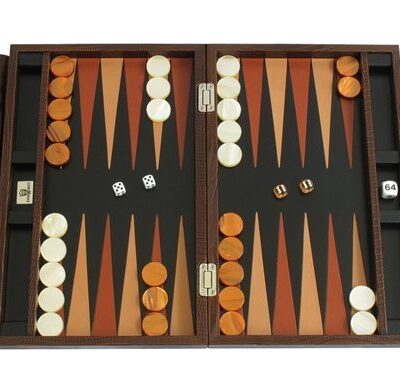 Zaza & Sacci Premium Leather Backgammon Set 15" Brown Lizard