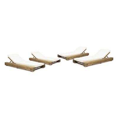 Great Deal Furniture Outdoor Acacia Wood Chaise Lounge Set of 4 Sandblast Teak Finish, Cream