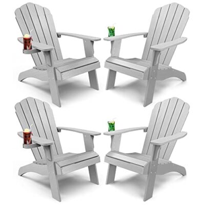 YEFU Oversized Plastic Adirondack Chair Set of 2 with Cup-Holder Weather Resistant Grey