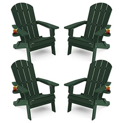 YEFU Foldable Oversized Adirondack Chair Set of 4 with Cup Holder, Weather Resistant, Green