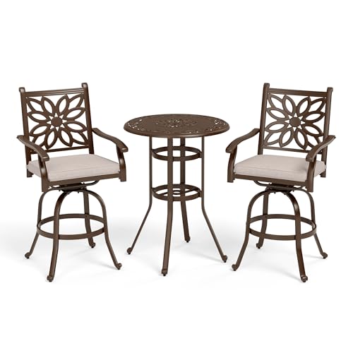 Sophia & William 3-Piece Cast Aluminum Patio Bar Set with Round Table and 2 Swivel Chairs
