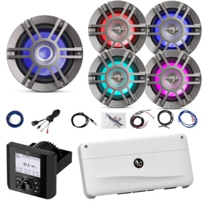 Enrock Marine Bluetooth Digital Media Receiver with 4x 6.5" 300W Speakers, 10" 900W Subwoofer, 5-Channel Amp & Accessories