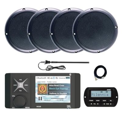 Enrock Marine JBL Wake Series R4500 Marine USB Bluetooth Radio Receiver with Speakers and Antenna Black
