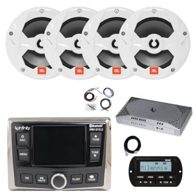 Enrock Marine Infinity PRV-315.2 Bluetooth AM/FM/WeatherBand Radio Receiver with Remote & 4x 8" Speakers White