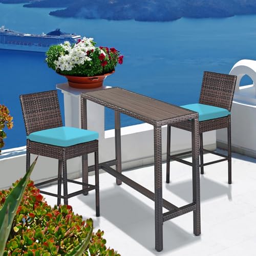 Patio Novagarden 6-Piece Outdoor Bar Set Wicker High Top Tables and Chairs Brown Blue - Image 2