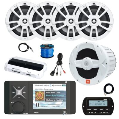 Enrock Marine JBL R4500 Marine USB Bluetooth AM/FM Radio Receiver with 4x 8" Speakers, Subwoofer, Amplifier, and Remote White