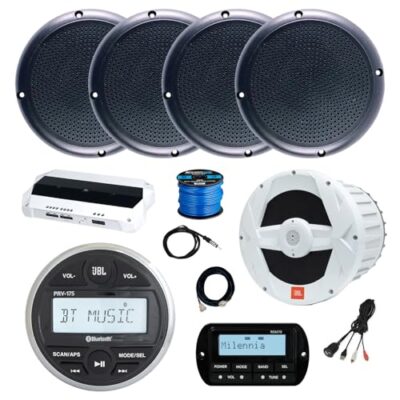 Enrock Marine JBL PRV-175 Bluetooth AM/FM Receiver with Wired Remote, Amplifier, 10" Subwoofer & 4x 5.25" Speakers Black