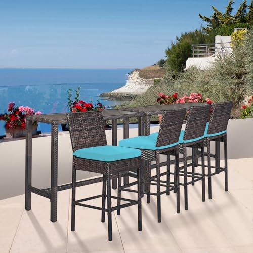 Patio Novagarden 6-Piece Outdoor Bar Set Wicker High Top Tables and Chairs Brown Blue