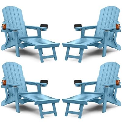 YEFU Adirondack Chair Set of 4 with Ottoman, Adjustable Backrest, Folding Outdoor Chairs, Weather Resistant, Blue