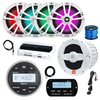Enrock Marine JBL PRV-175 Marine Bluetooth AM/FM Receiver with Remote, Extension Cable, 10" Subwoofer & 4x 6.5" LED Speakers White LED