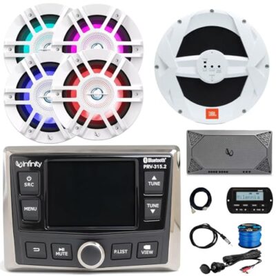 Enrock Marine Infinity PRV-315.2 USB Bluetooth AM/FM Radio Receiver with 4x 6.5" Speakers, 10" Subwoofer & 4-Channel Amplifier White LED