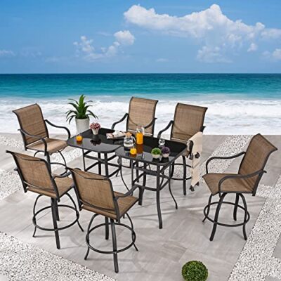 Festival Depot 8pcs Patio Dining Set Bar Height Stools Swivel Bistro Chairs Tempered Glass Top Table Metal Outdoor Furniture Brown