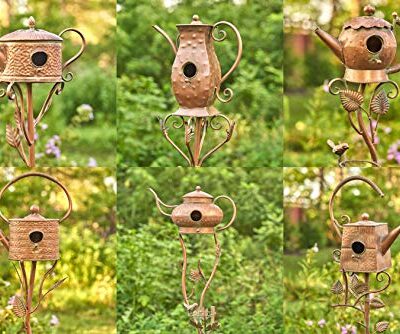 Zaer Ltd. Copper Colored Teapot Birdhouse Garden Stakes Set of 6