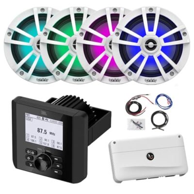 Enrock Marine Bluetooth AM/FM Radio Digital Media Receiver with 4x 6.5" Multicolor LED Speakers and Amplifier Wiring Kit