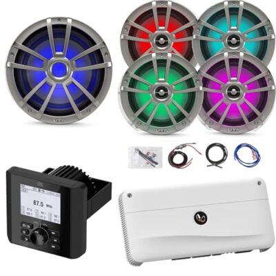 Enrock Marine Bluetooth Radio Multi-Element Digital Media Receiver with 4X 6.5" RGB LED Speakers & 10" RGB LED Subwoofer