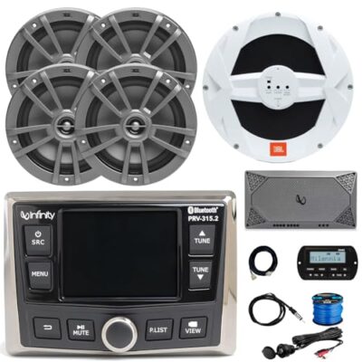 Enrock Marine Infinity PRV-315.2 Marine Radio Receiver with 4x 6.5" Speakers, 10" Subwoofer, Amplifier & Accessories Gray