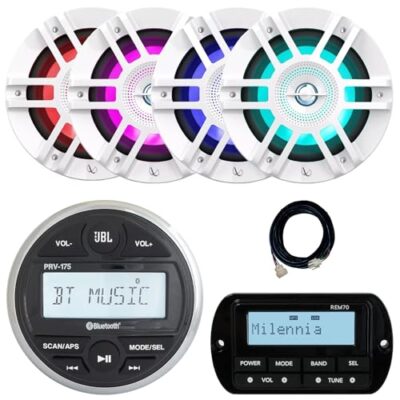 Enrock Marine JBL PRV-175 Marine Stereo Receiver with Wired Remote & 4x 6.5" White Speakers