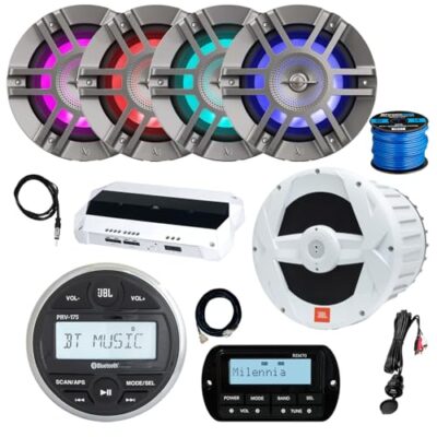 Enrock Marine JBL PRV-175 Marine Receiver with Remote, Amplifier, 10" Subwoofer & 4x 6.5" 300W LED Speakers Titanium LED