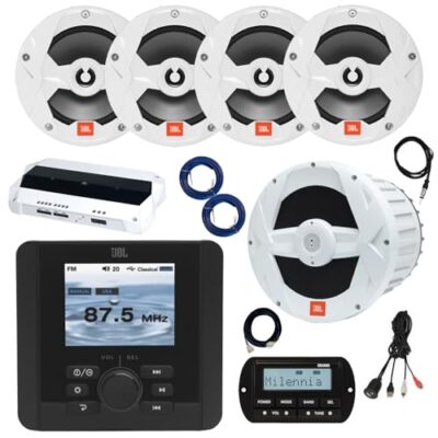 Enrock Marine JBL JAM5000N Marine Bluetooth Radio Receiver with 4x 8" Speakers, 10" Subwoofer, Remote, and Accessories White