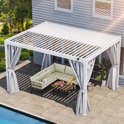 YITAHOME 10x13ft Louvered Aluminum Pergola with Adjustable Roof and Netting White