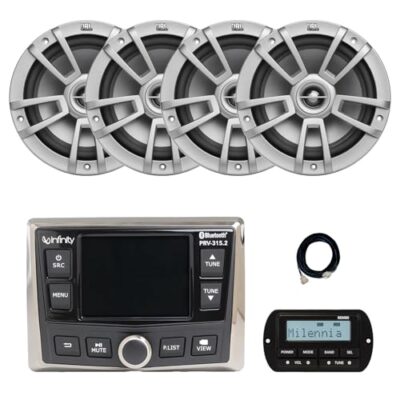 Enrock Marine Infinity PRV-315.2 Bluetooth AM/FM WeatherBand Radio Receiver with 4x 8" Boat Audio Speakers Gray