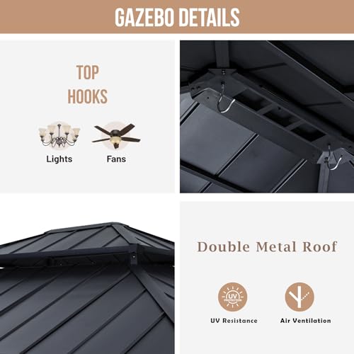 ABCCANOPY Wood Gazebo 11x13 Black - Outdoor Patio Wooden Gazebo with Hardtop Metal Double Roof - Image 8