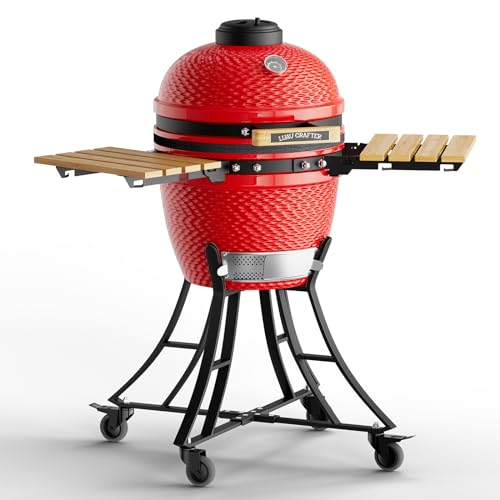 LuauCrafter 18-Inch Ceramic Charcoal Grill and Smoker with Cart Red