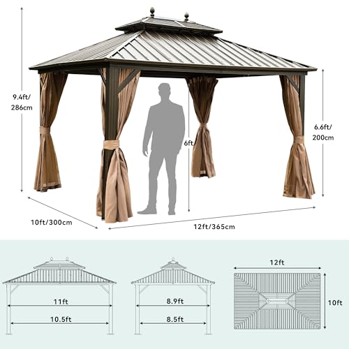 YITAHOME 10x12ft Hardtop Gazebo with Nettings & Curtains, Double Roof Galvanized Steel, Bronze - Image 6