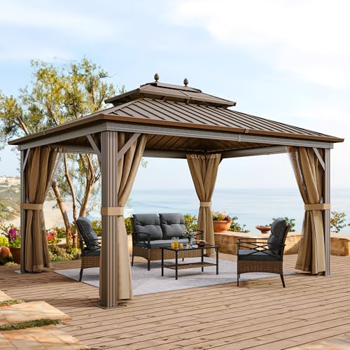 YITAHOME 10x12ft Hardtop Gazebo with Nettings & Curtains, Double Roof Galvanized Steel, Bronze