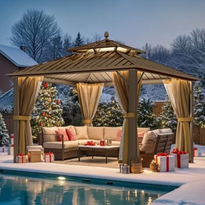YITAHOME 12x12ft Hardtop Gazebo with Nettings and Curtains Bronze
