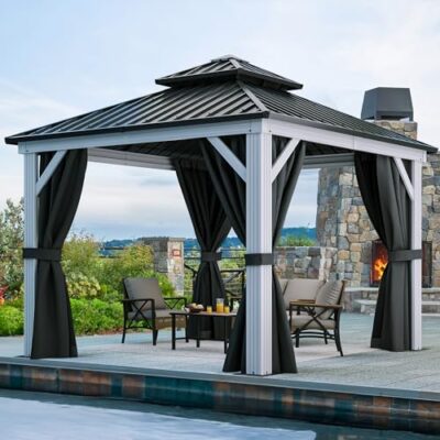 YITAHOME White Gazebo 10x10ft Hardtop Double Roof with Netting and Curtains