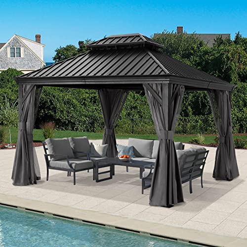 ABCCANOPY Hardtop Gazebo 10x12 Outdoor Metal Pavilion with Netting and Curtain Dark Gray