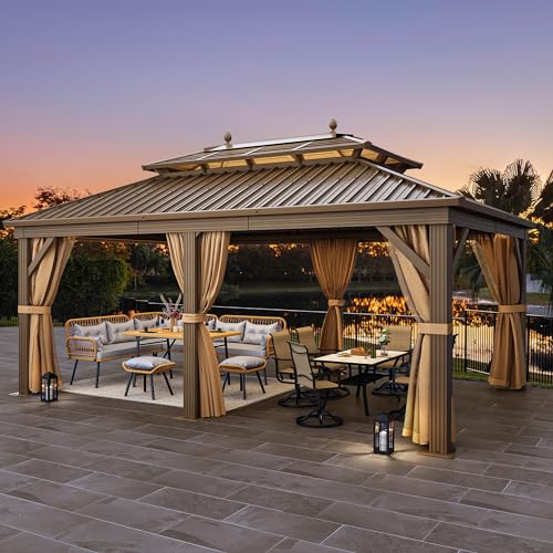 YITAHOME 12x18ft Hardtop Gazebo Heavy Duty with Nettings and Curtains Bronze