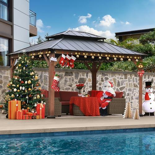 ABCCANOPY Wood Gazebo 11x13 Black - Outdoor Patio Wooden Gazebo with Hardtop Metal Double Roof