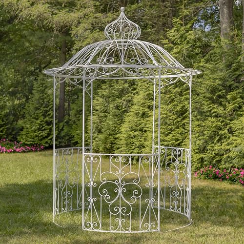 Zaer Ltd. 10ft Tall Round Iron Gazebo with Side Walls Tatiana Antique White
