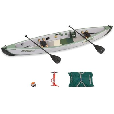 Sea Eagle TC16 Inflatable 16’ High Pressure Drop Stitch Travel Canoe-Wood Web Seats, Pump, Bag