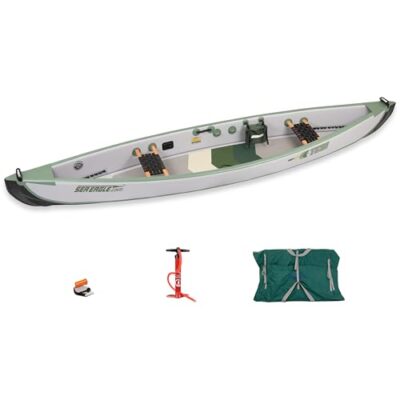 Sea Eagle TC16 Inflatable 16’ High Pressure Drop Stitch Travel Canoe-Wood Web Seats, Pump, Bag