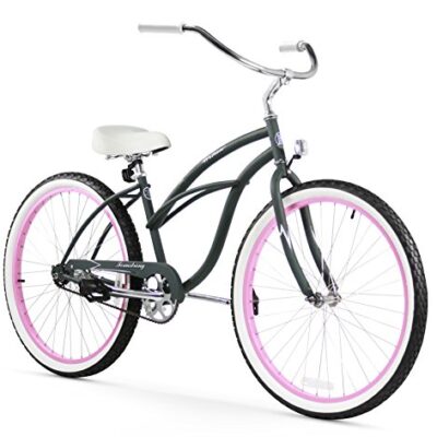 Firmstrong Urban Lady Single Speed 26" Beach Cruiser Bicycle, Army Green/Pink Rims w/ White